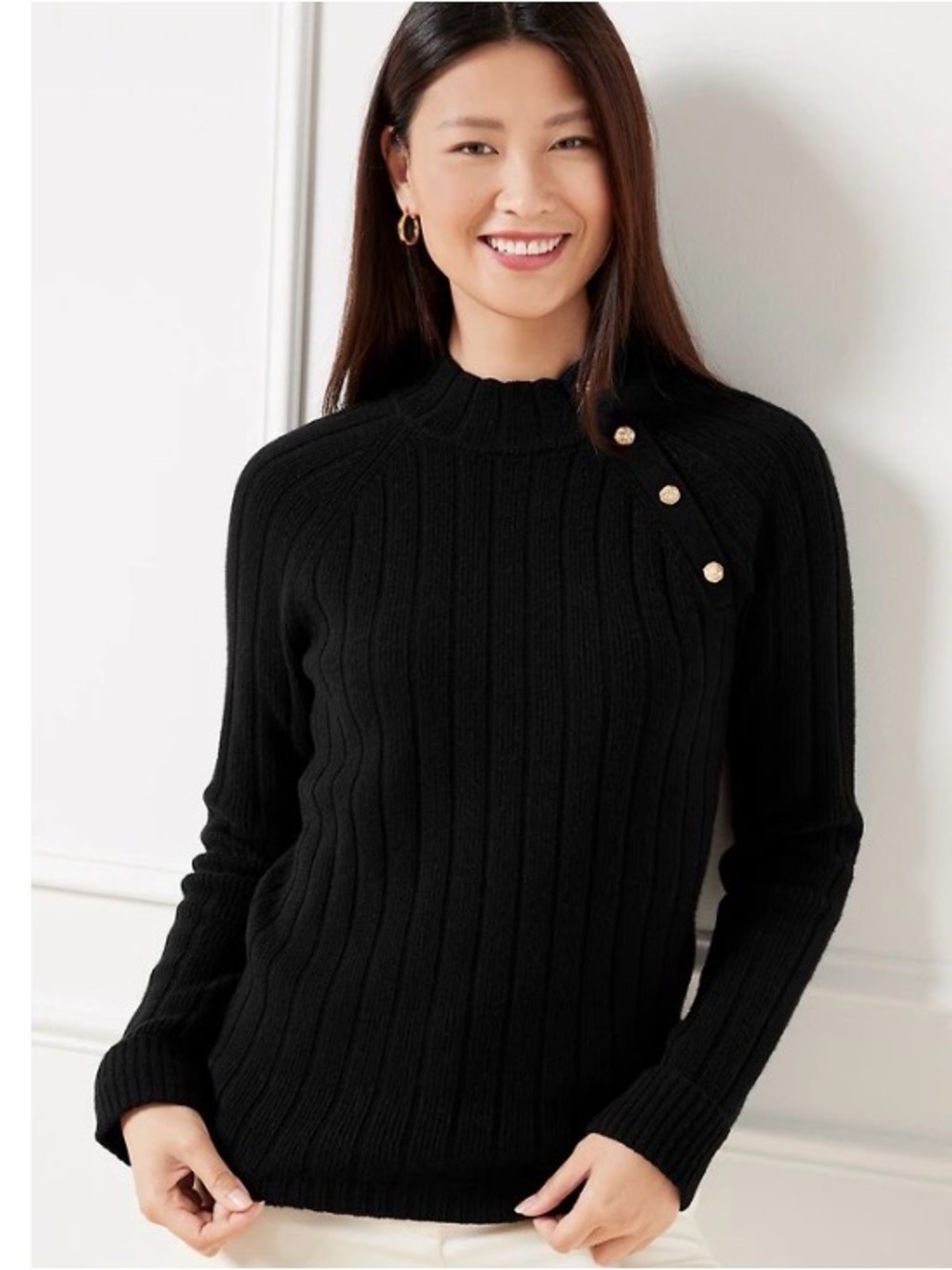 Talbots Black Ribbed Turtleneck Sweater with gold Shoulder Buttons size MP NWT - Picture 1 of 6